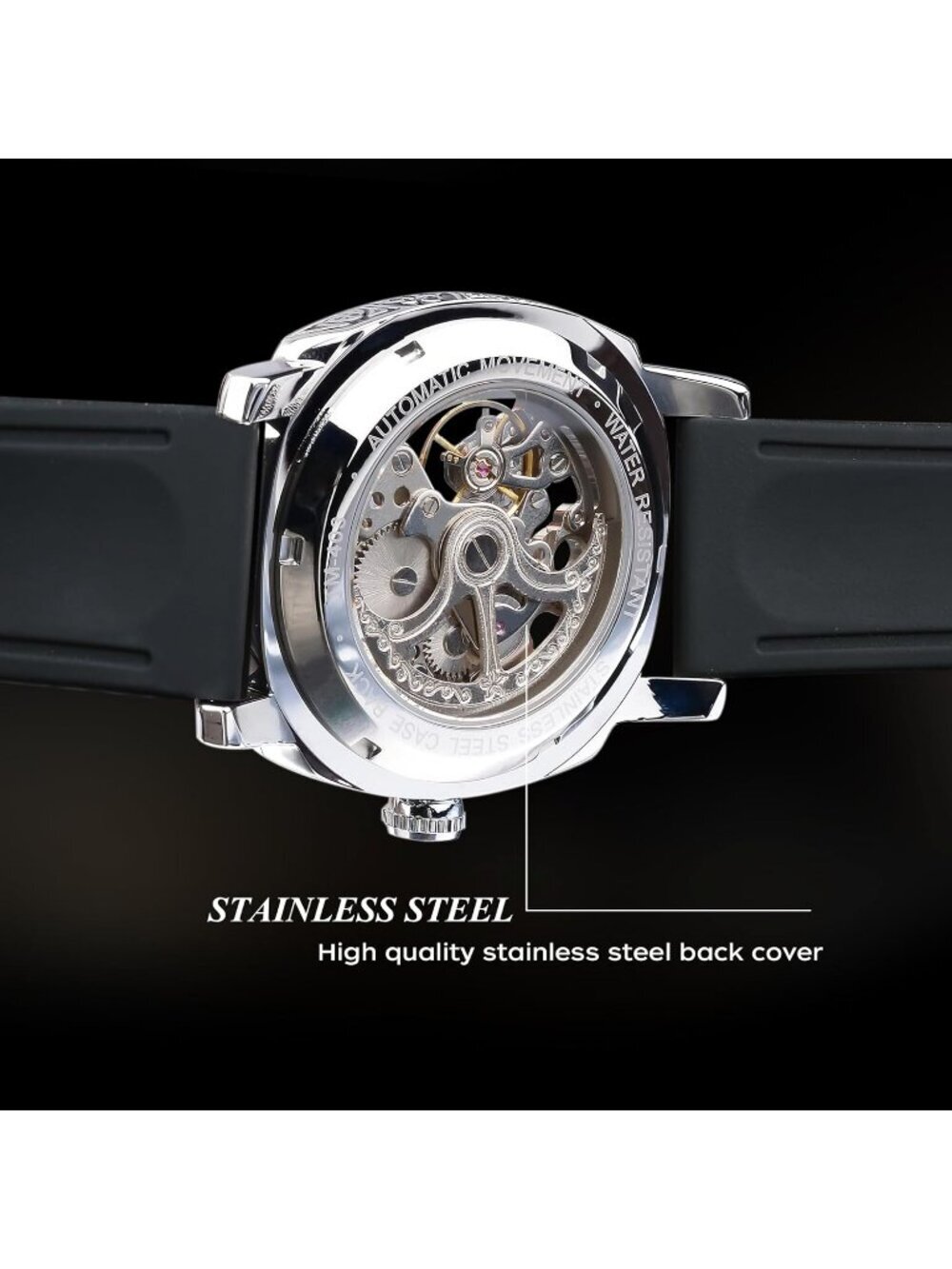 Men's Black Square Mechanical Rubber Buckle Self-Wind Carved Automatic Watch - Picture 4 of 6